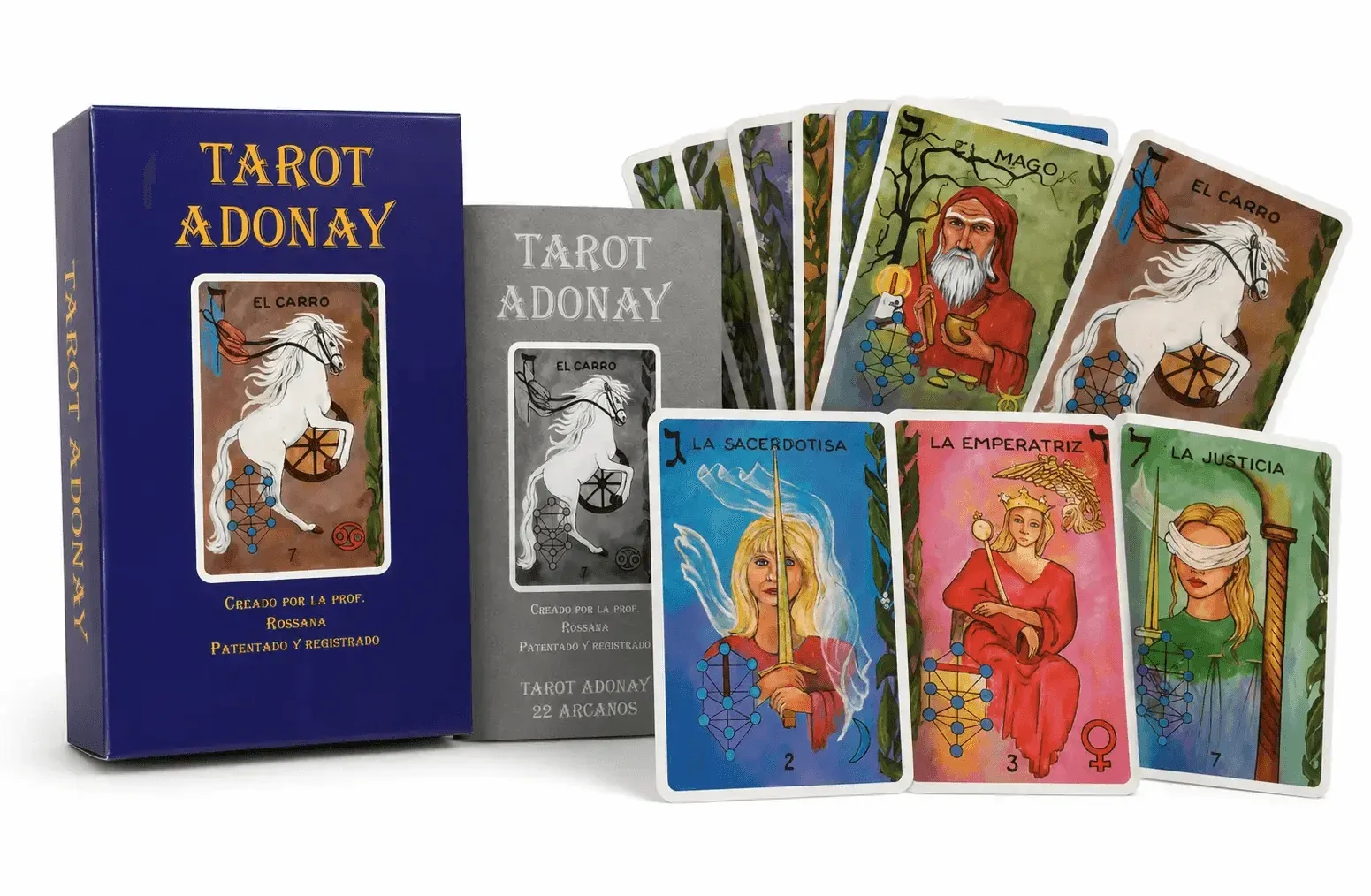 Estuche, libreto y cartas del Tarot de Adonay, creado por la Profesora Rossana.
