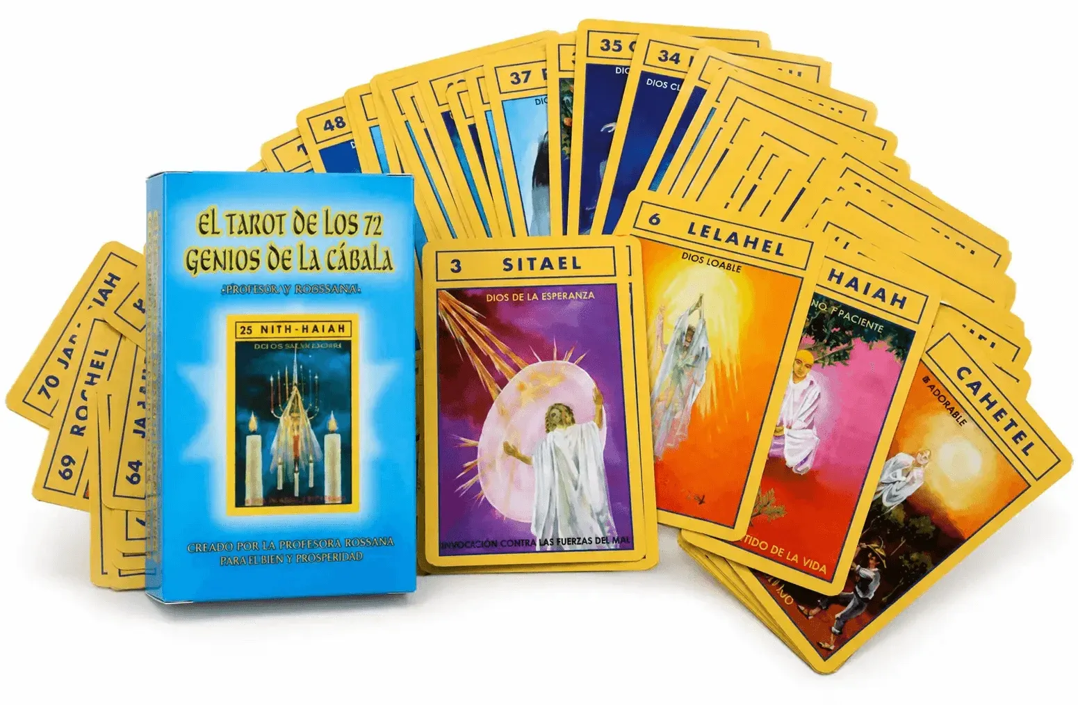 Estuche y cartas del Tarot de los 72 Genios de la Cábala, creado por la Profesora Rossana.